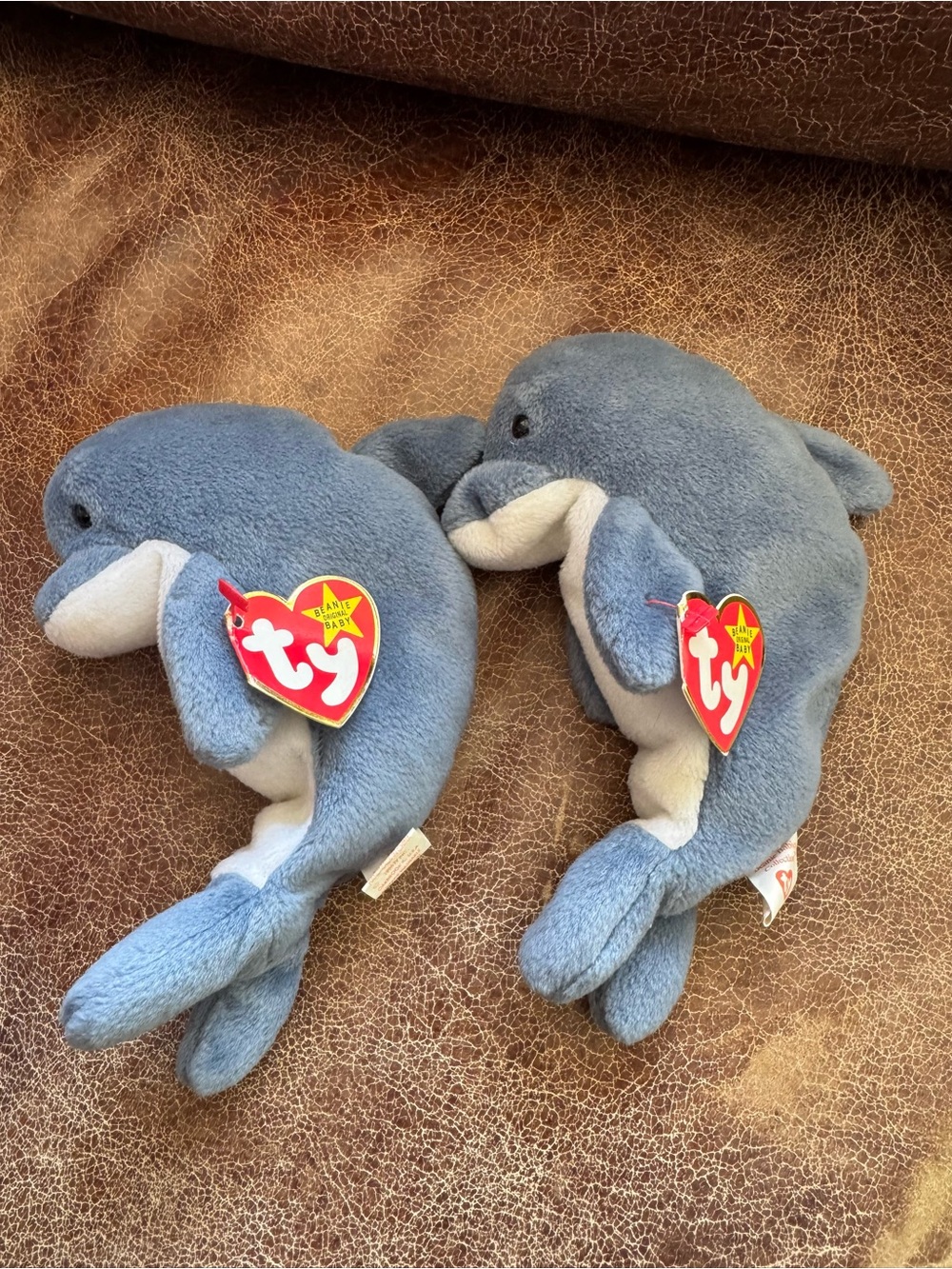 Ty Blue Dolphin Plush Pair with Heart Tags